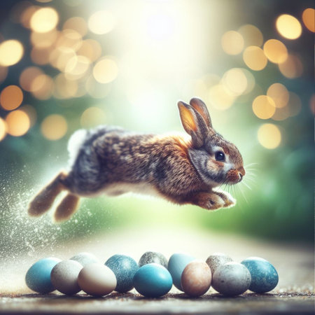Easter bunny jumping over colorful eggs on wooden table with bokeh backgroundの素材