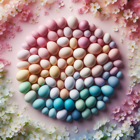 Easter bunny jumping over colorful eggs on wooden table with bokeh backgroundの素材