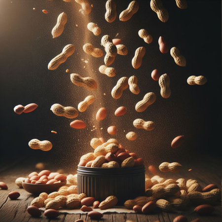 Flying peanuts in a wooden bowl on a rustic wooden background.の素材