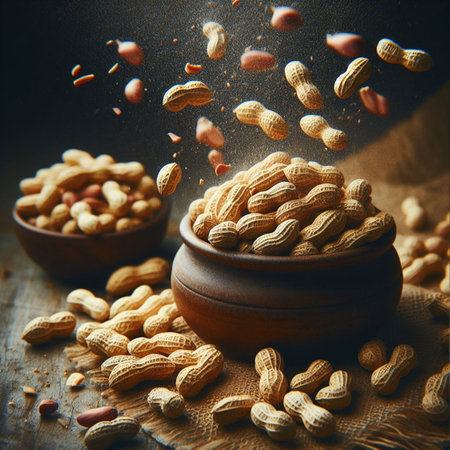 Flying peanuts in a wooden bowl on a rustic wooden background.の素材