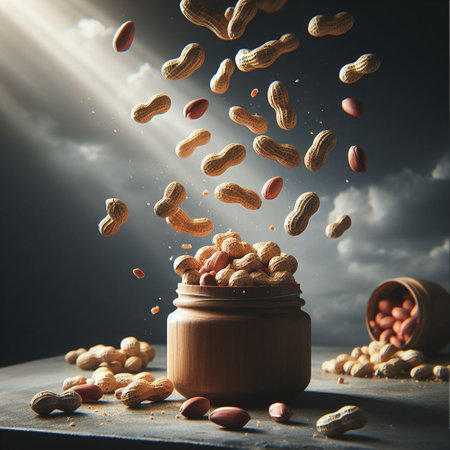Flying peanuts in a wooden bowl on a rustic wooden background.の素材