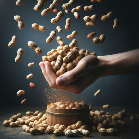 Flying peanuts in a wooden bowl on a rustic wooden background.の素材