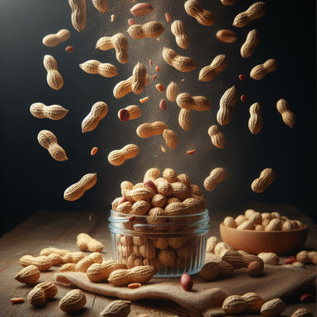 Flying peanuts in a wooden bowl on a rustic wooden background.の素材