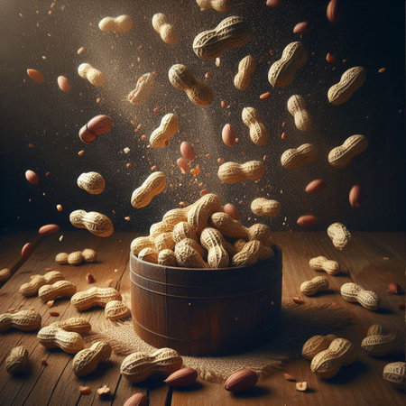 Flying peanuts in a wooden bowl on a rustic wooden background.の素材