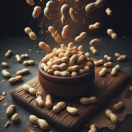 Flying peanuts in a wooden bowl on a rustic wooden background.の素材