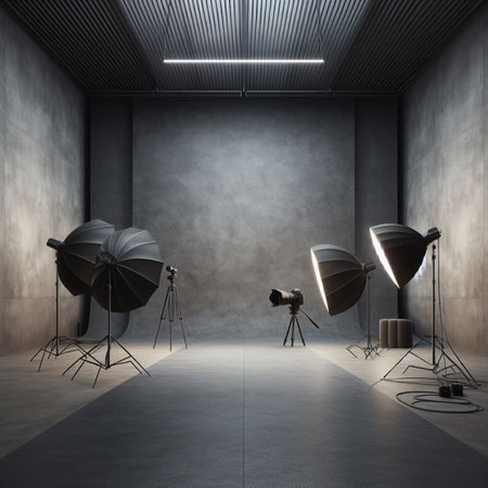 Modern interior with blank wall. Photography studio or creative space. Mockupの素材