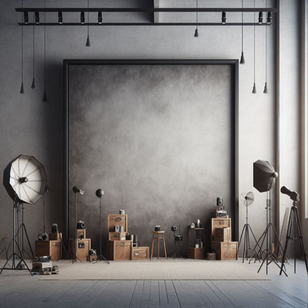 Modern interior with blank wall. Photography studio or creative space. Mockupの素材