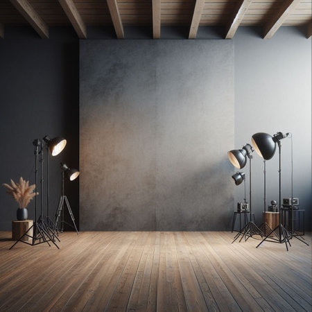 Modern interior with blank wall. Photography studio or creative space. Mockupの素材