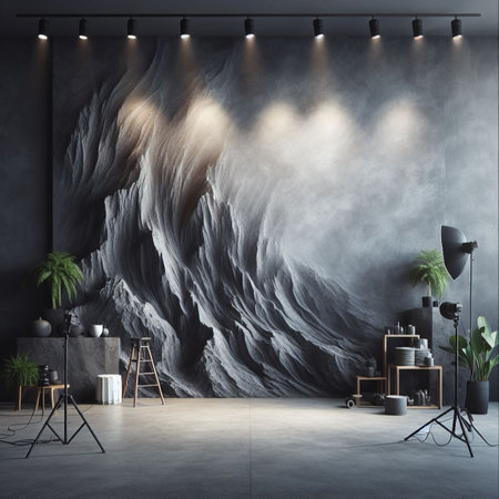 Modern interior with blank wall. Photography studio or creative space. Mockupの素材