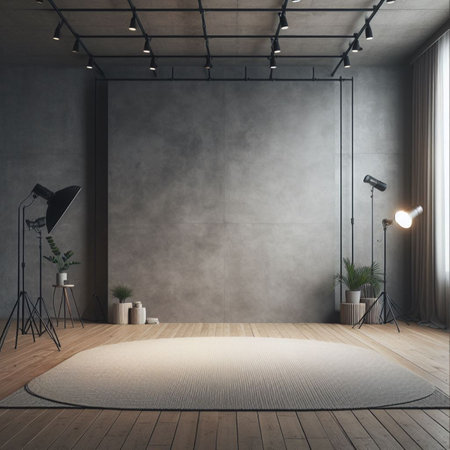 Modern interior with blank wall. Photography studio or creative space. Mockupの素材