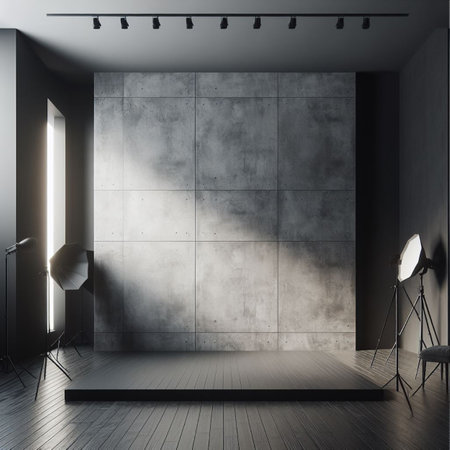 Modern interior with blank wall. Photography studio or creative space. Mockupの素材