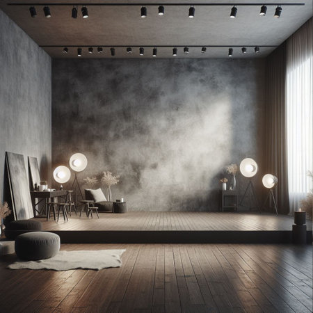 Modern interior with blank wall. Photography studio or creative space. Mockupの素材