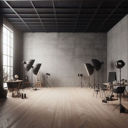 Modern interior with blank wall. Photography studio or creative space. Mockupの素材
