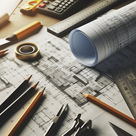 Architectural background with blueprints, house model, calculator and pencils. construction conceptの素材