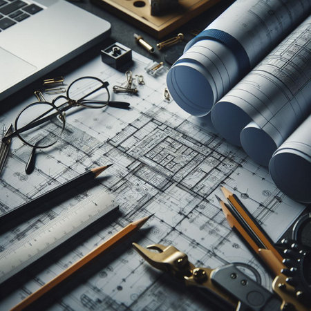 Architectural background with blueprints, house model, calculator and pencils. construction conceptの素材