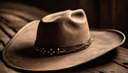 Cowboy hat on a wooden table in the countryside. Selective focus.の素材