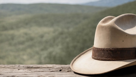Cowboy hat on a wooden table in the countryside. Selective focus.の素材