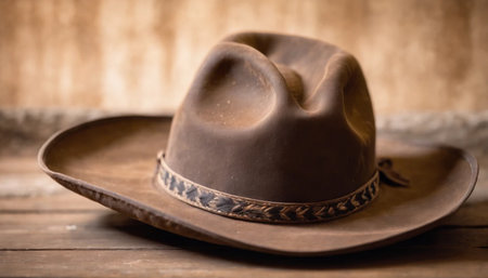 Cowboy hat on a wooden table in the countryside. Selective focus.の素材