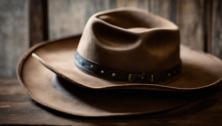 Cowboy hat on a wooden table in the countryside. Selective focus.の素材