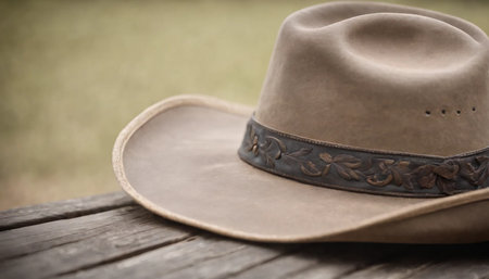 Cowboy hat on a wooden table in the countryside. Selective focus.の素材