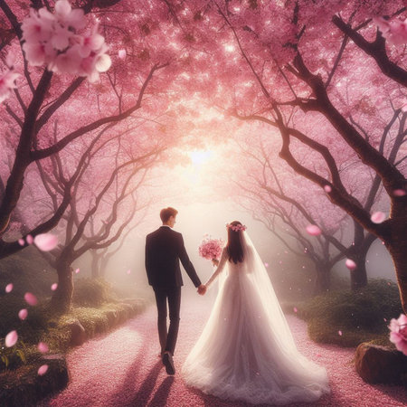 Couple in love walking in blooming cherry blossom garden at sunsetの素材