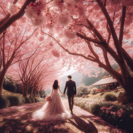Couple in love walking in blooming cherry blossom garden at sunsetの素材