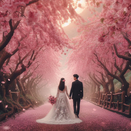 Couple in love walking in blooming cherry blossom garden at sunsetの素材