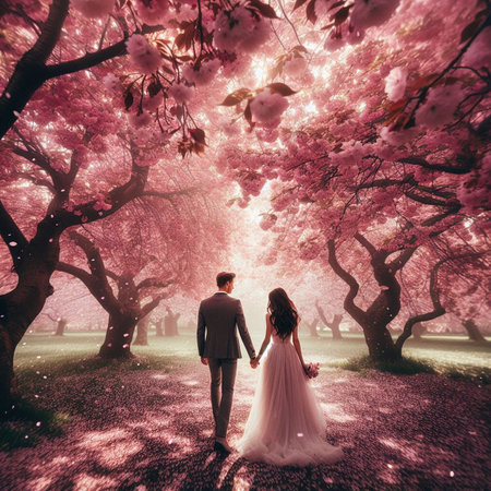 Couple in love walking in blooming cherry blossom garden at sunsetの素材