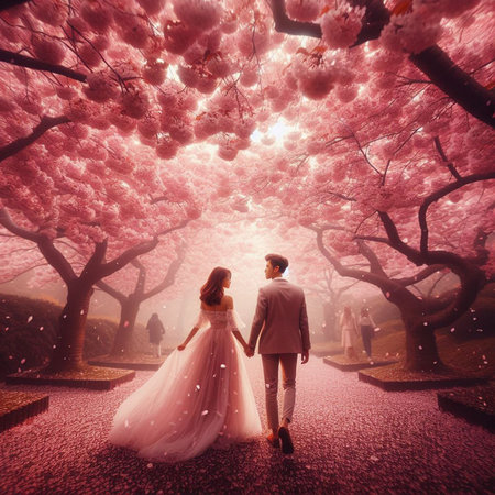 Couple in love walking in blooming cherry blossom garden at sunsetの素材