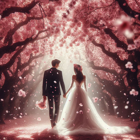 Couple in love walking in blooming cherry blossom garden at sunsetの素材