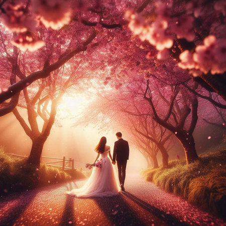 Couple in love walking in blooming cherry blossom garden at sunsetの素材