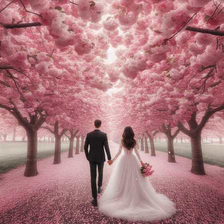 Couple in love walking in blooming cherry blossom garden at sunsetの素材