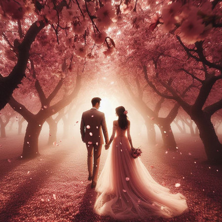 Couple in love walking in blooming cherry blossom garden at sunsetの素材