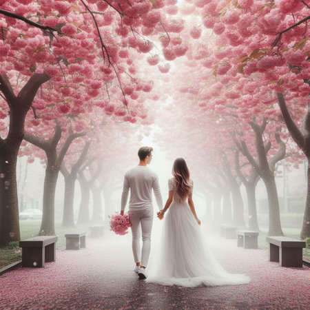 Couple in love walking in blooming cherry blossom garden at sunsetの素材