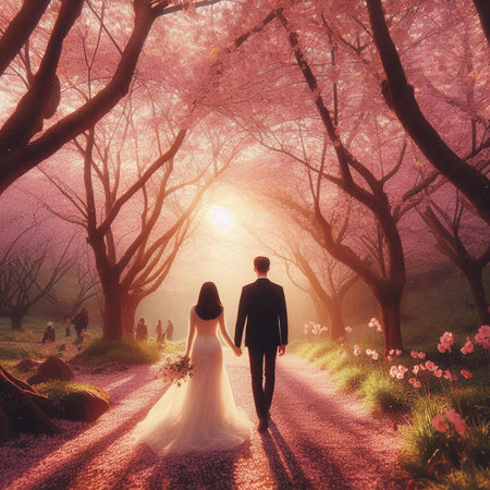 Couple in love walking in blooming cherry blossom garden at sunsetの素材