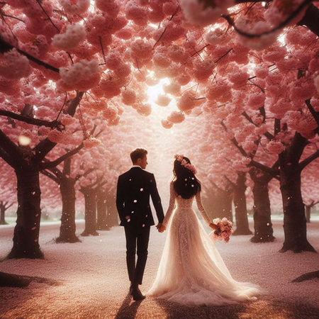 Couple in love walking in blooming cherry blossom garden at sunsetの素材