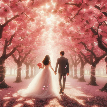Couple in love walking in blooming cherry blossom garden at sunsetの素材