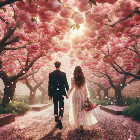 Couple in love walking in blooming cherry blossom garden at sunsetの素材