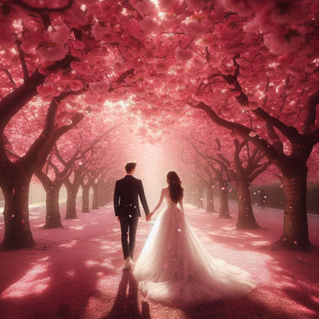 Couple in love walking in blooming cherry blossom garden at sunsetの素材
