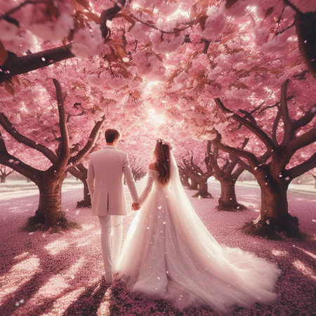 Couple in love walking in blooming cherry blossom garden at sunsetの素材