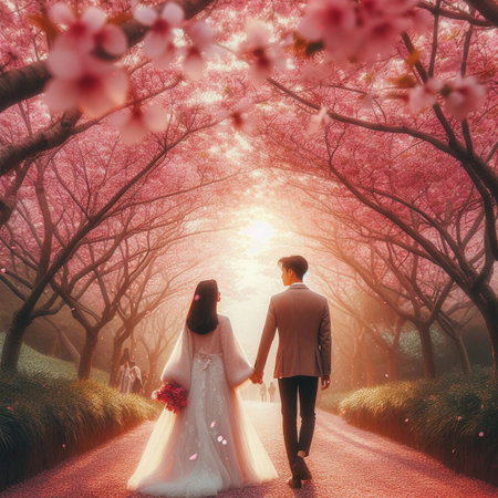 Couple in love walking in blooming cherry blossom garden at sunsetの素材