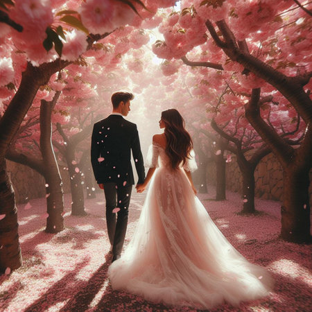 Couple in love walking in blooming cherry blossom garden at sunsetの素材