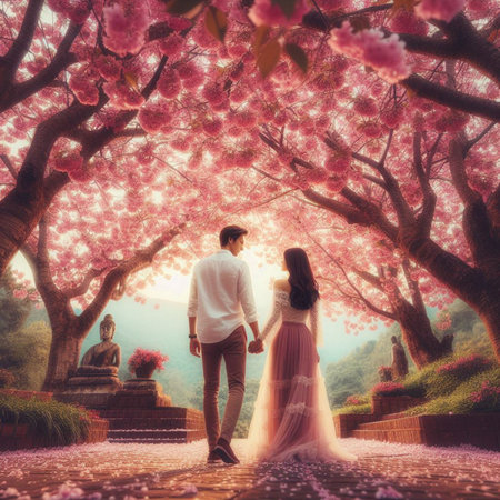 Couple in love walking in blooming cherry blossom garden at sunsetの素材