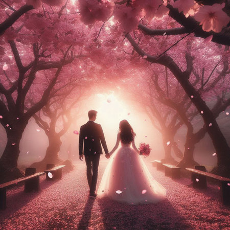 Couple in love walking in blooming cherry blossom garden at sunsetの素材