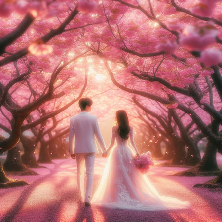 Couple in love walking in blooming cherry blossom garden at sunsetの素材