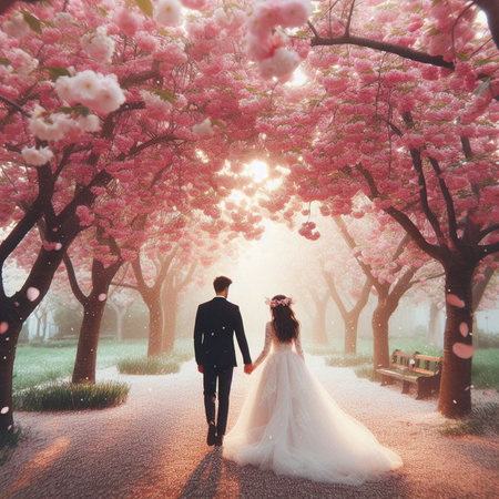 Couple in love walking in blooming cherry blossom garden at sunsetの素材