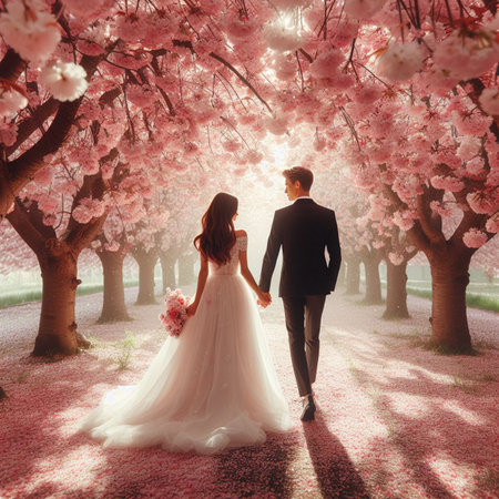 Couple in love walking in blooming cherry blossom garden at sunsetの素材