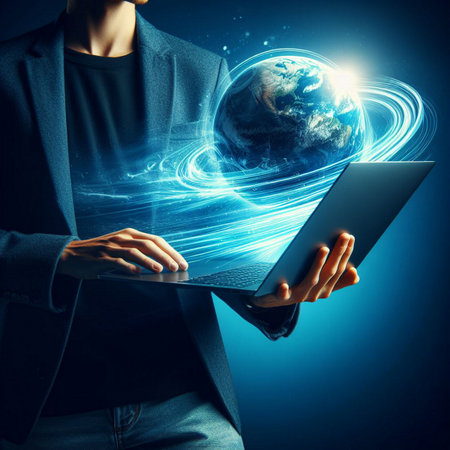 Close up of business person holding laptop against blue background with light raysの素材
