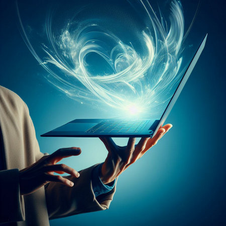 Close up of business person holding laptop against blue background with light raysの素材