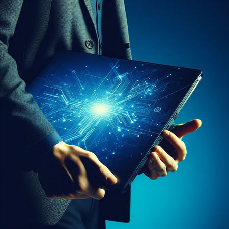 Close up of business person holding laptop against blue background with light raysの素材